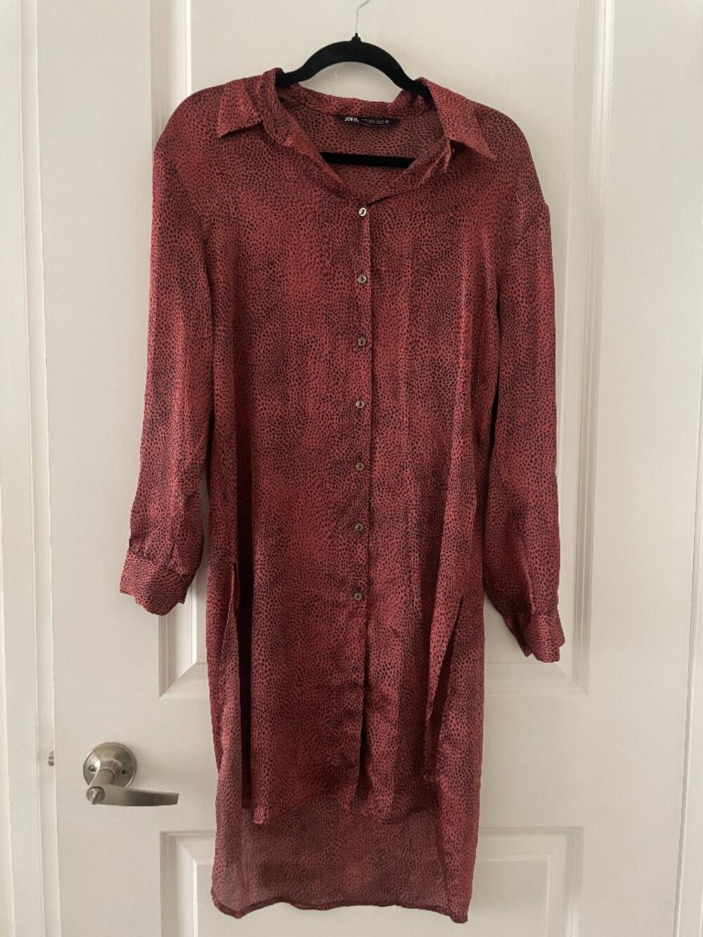 ZARA Women's Dark Pink Printed Satin Button-Up Shirt Dress